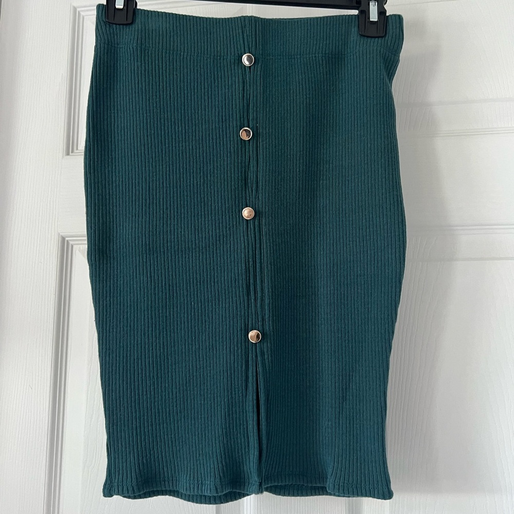 Teal Button-Front Ribbed Skirt